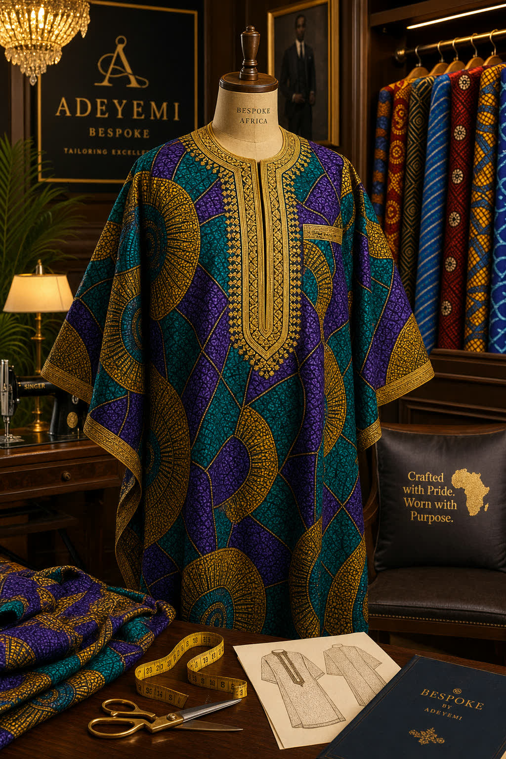 Vibrant custom-made African traditional garment with rich gold and jewel-tone patterns on a dress form