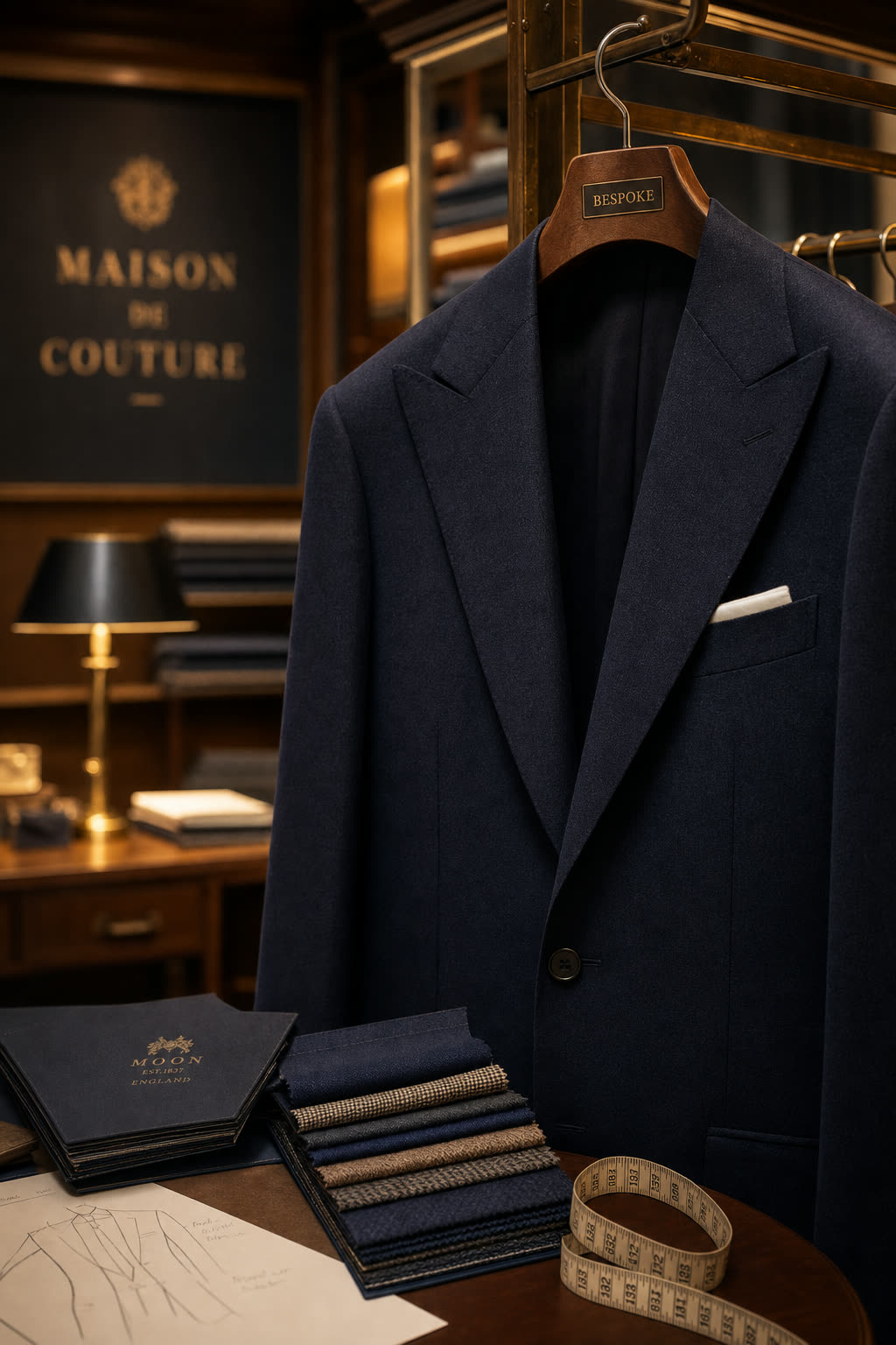 Custom tailored navy suit with peak lapels on a wooden hanger beside fabric swatches