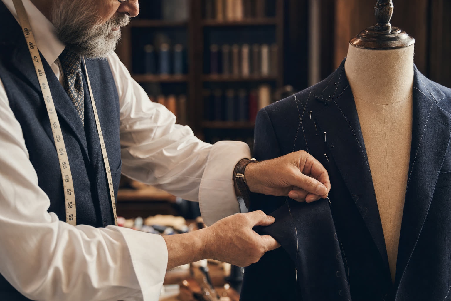 Master tailor hand-pinning a navy suit jacket on a dress form in a Portland, Maine tailor shop