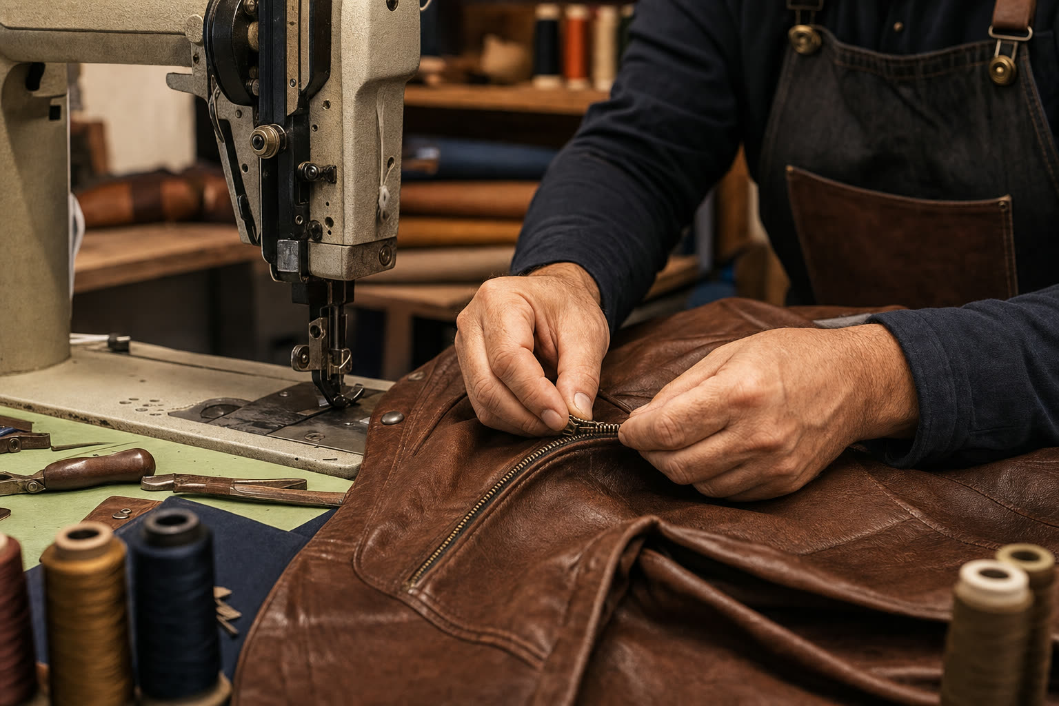 Skilled hands replacing a zipper on a brown leather jacket at a tailoring workbench