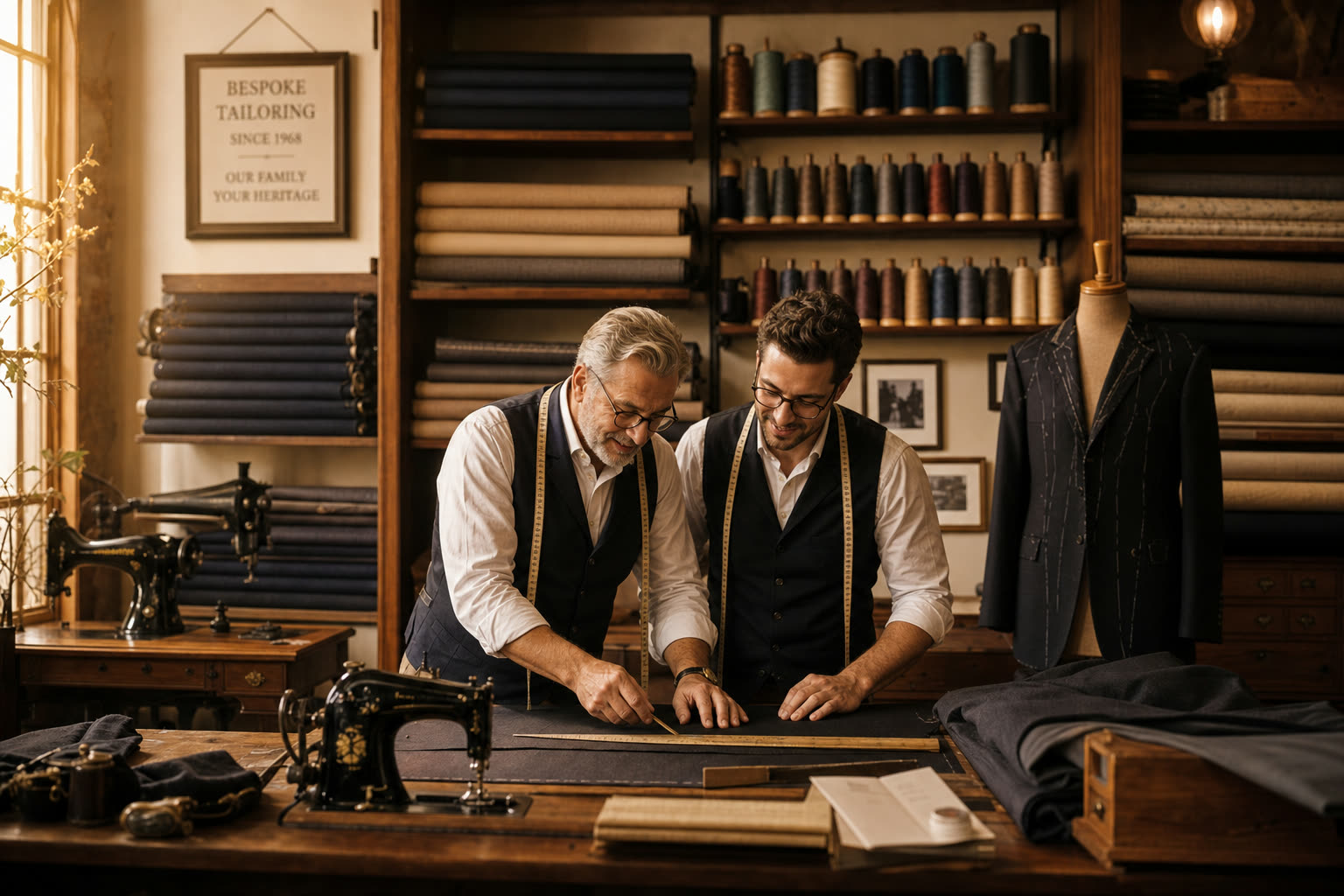 Two generations of tailors working together in the family-owned Portland Custom Tailor shop