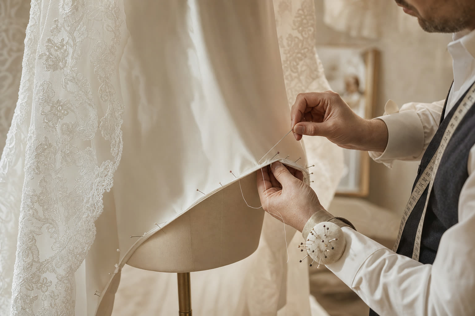 Tailor hand-stitching the hem of a white wedding dress on a dress form